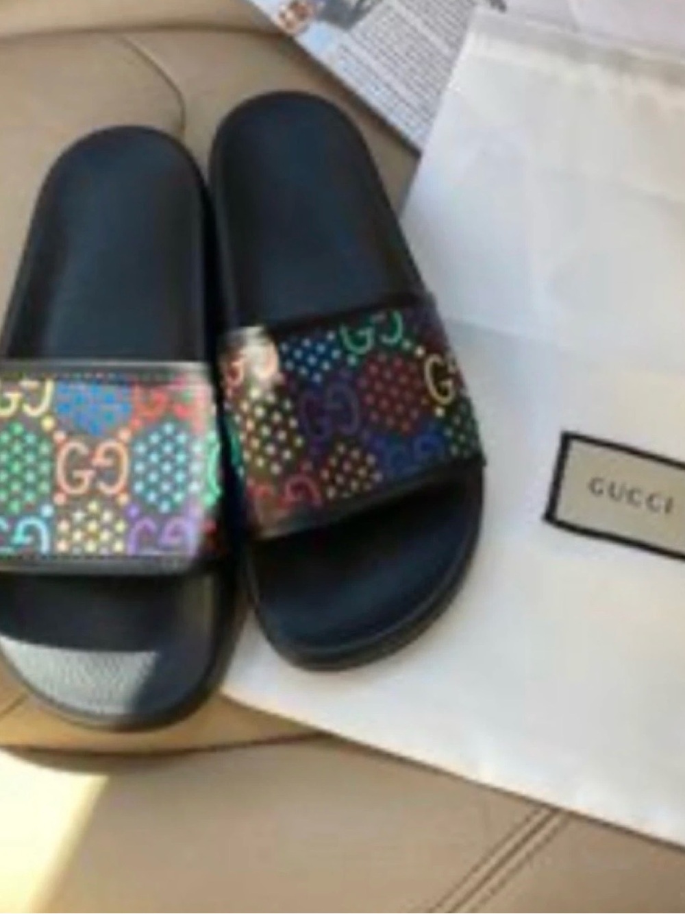 Gucci Black Slides with Multicolor Holographic GG Strap